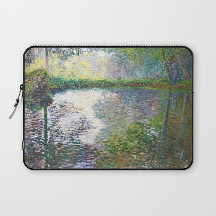 The Pond at Montgeron; autumn leaves mirrored reflection in pond landscape nature painting by Claude Monet Laptop Sleeve