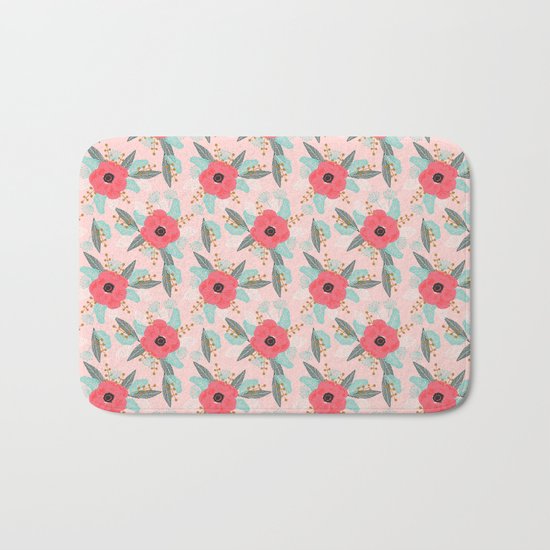 Poppies pink pastel red florals flowers pattern boho dorm college trendy garden plants poppy flower Bath Mat