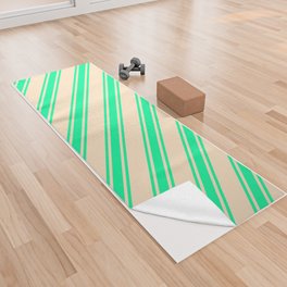 [ Thumbnail: Bisque & Green Colored Lines Pattern Yoga Towel ]