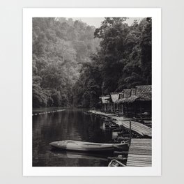 Bamboo Huts, Black-and-white Forest Jungle, Khao Sok National Park, Thailand, Photo Art Print Art Print