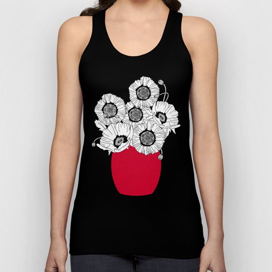 Black and White Poppies in a Red Vase Unisex Tank Top