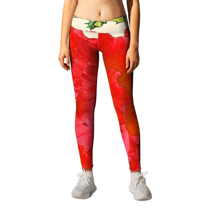RED FLOWERS & GREEN HOLIDAY FLORAL ART Leggings