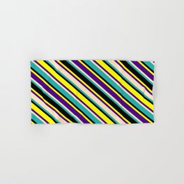 [ Thumbnail: Eyecatching Yellow, Indigo, Bisque, Light Sea Green, and Black Colored Lined Pattern Hand & Bath Towel ]
