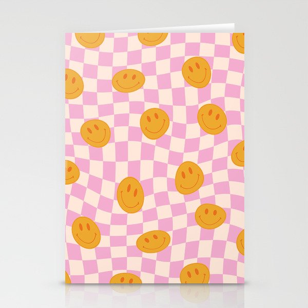 Groovy Smiley Faces on Pastel Pink Twisted Checkerboard Stationery Cards