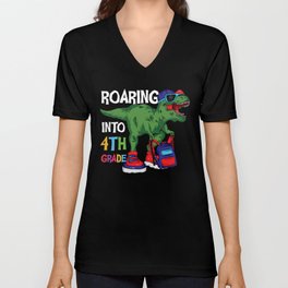 Roaring Into 4th Grade Student Dinosaur V Neck T Shirt