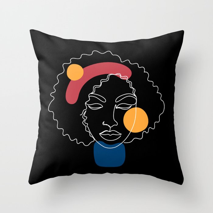 African woman in a line art style with abstract shapes on a black background. Throw Pillow