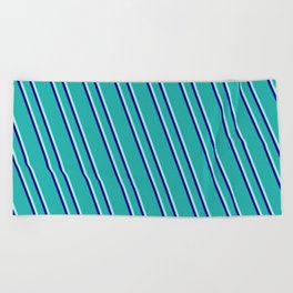 [ Thumbnail: Light Sea Green, Turquoise, and Dark Blue Colored Stripes/Lines Pattern Beach Towel ]