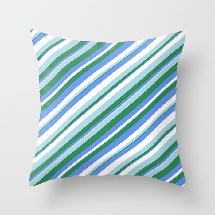 Sea Green, Cornflower Blue, White & Light Blue Colored Striped/Lined Pattern Throw Pillow