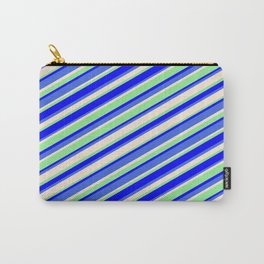 [ Thumbnail: Light Green, Blue, Royal Blue & Beige Colored Striped/Lined Pattern Carry-All Pouch ]