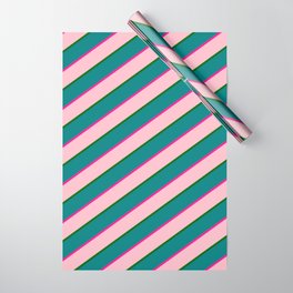 [ Thumbnail: Deep Pink, Pink, Dark Green & Teal Colored Lined/Striped Pattern Wrapping Paper ]