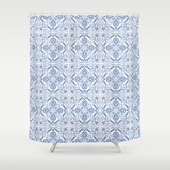 Blue and White Elegant Tiled Pattern Shower Curtain