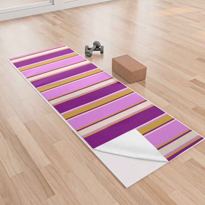 Violet, Goldenrod, Purple & Beige Colored Lines Pattern Yoga Towel