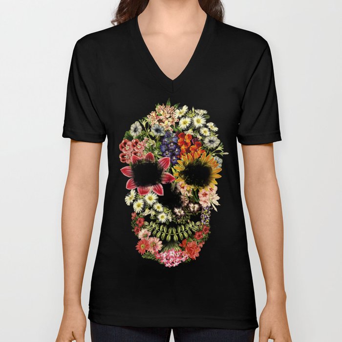 Floral Skull Vintage Black V Neck T Shirt