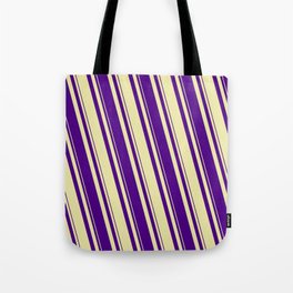 [ Thumbnail: Pale Goldenrod and Indigo Colored Striped/Lined Pattern Tote Bag ]
