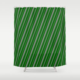 [ Thumbnail: Dark Green and Gray Colored Lined Pattern Shower Curtain ]