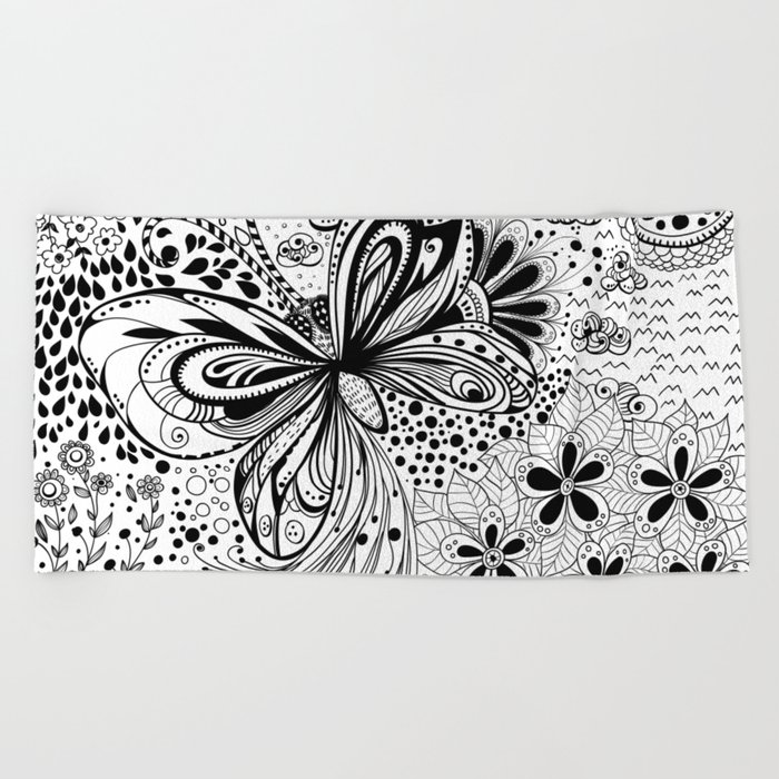 Butterfly and flowers, doodles Beach Towel