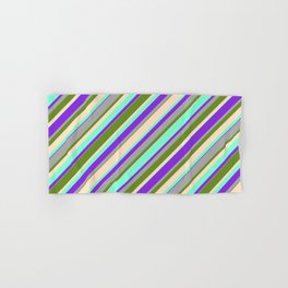 [ Thumbnail: Green, Bisque, Aquamarine, Purple & Dark Gray Colored Stripes Pattern Hand & Bath Towel ]