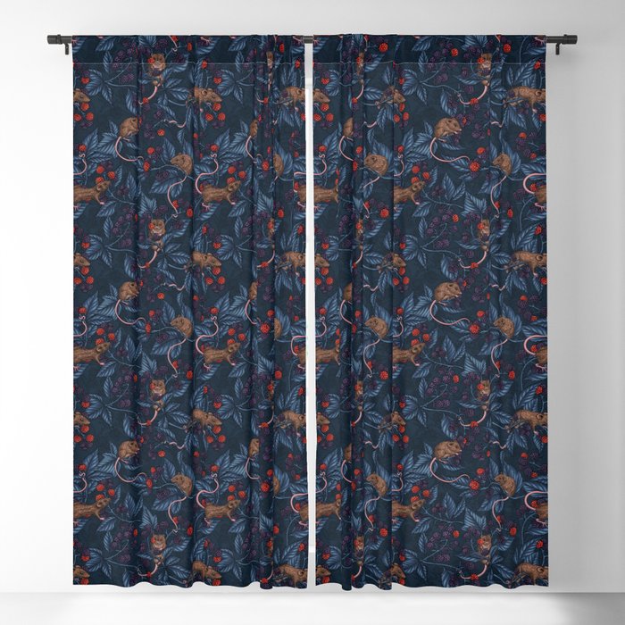 Mice and blackberries on dark green Blackout Curtain