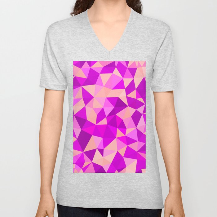 Peach and Magenta Multicolored Geometric Triangle Pattern V Neck T Shirt