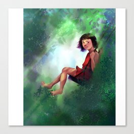 Girl Swinging in the Trees in a Red Dress Canvas Print