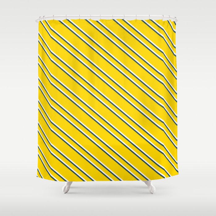 Yellow, White, and Dark Slate Gray Colored Lined/Striped Pattern Shower Curtain