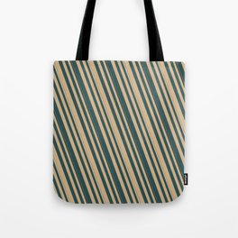 [ Thumbnail: Tan & Dark Slate Gray Colored Stripes/Lines Pattern Tote Bag ]