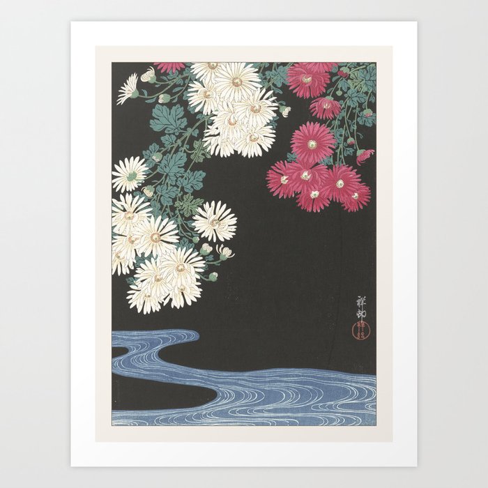 Ohara Koson Chrysanthemums and Running Water Japanese Art Art Print