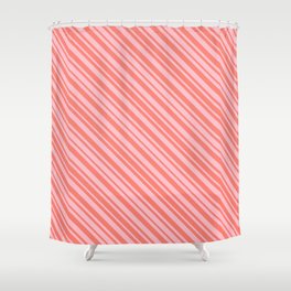 [ Thumbnail: Salmon and Pink Colored Lined Pattern Shower Curtain ]