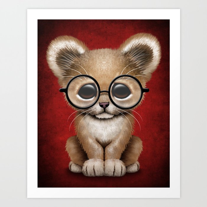 Cute Baby Lion Cub Wearing Glasses On Red Art Print By Jeffbartels