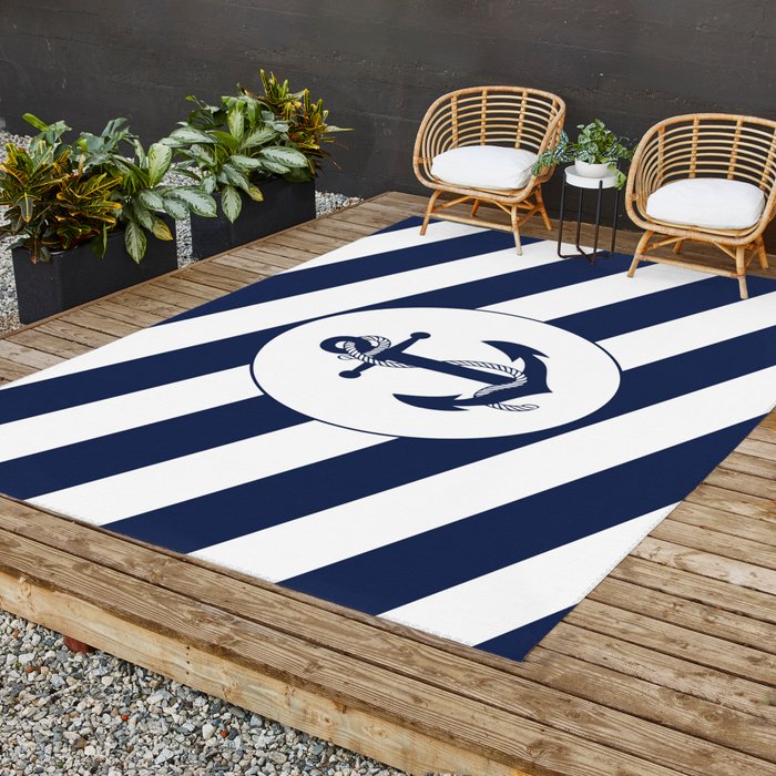 Outdoor Patio Rug Nautiacal Blue Anchor with Stripes Outdoor Rug