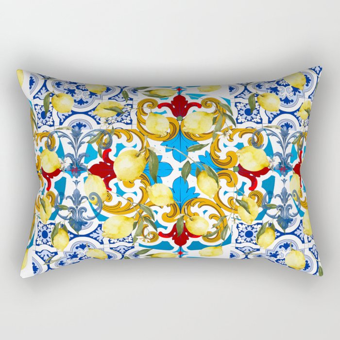 Mediterranean tiles,lemon fruit,mosaic art Rectangular Pillow