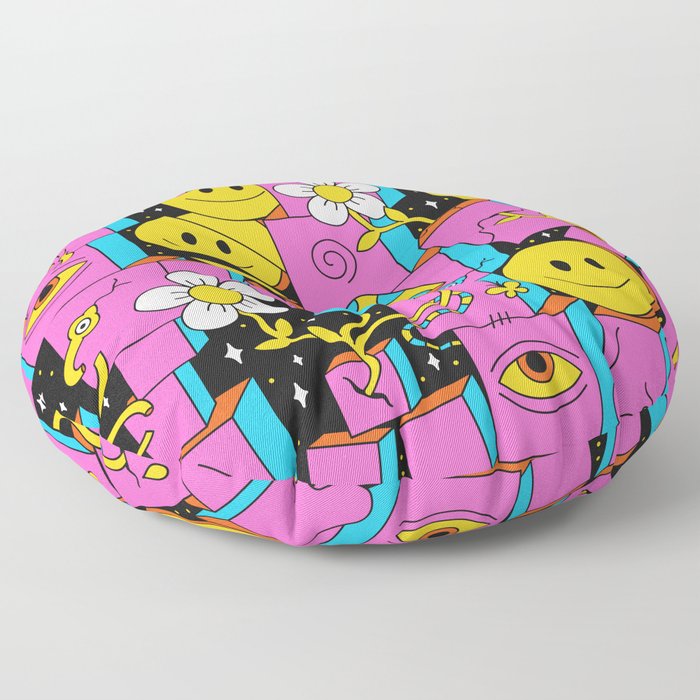 Pink Trippy Eye Blocks With White Flowers, Smileys and Mushrooms Floor Pillow