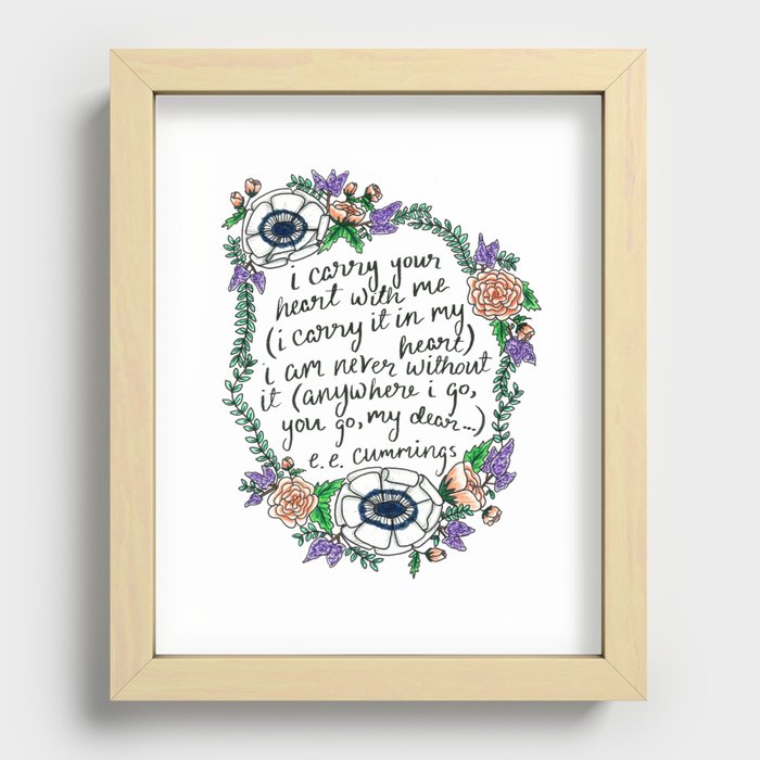 Hand-lettered e.e. cummings quote with floral wreath Recessed Framed Print