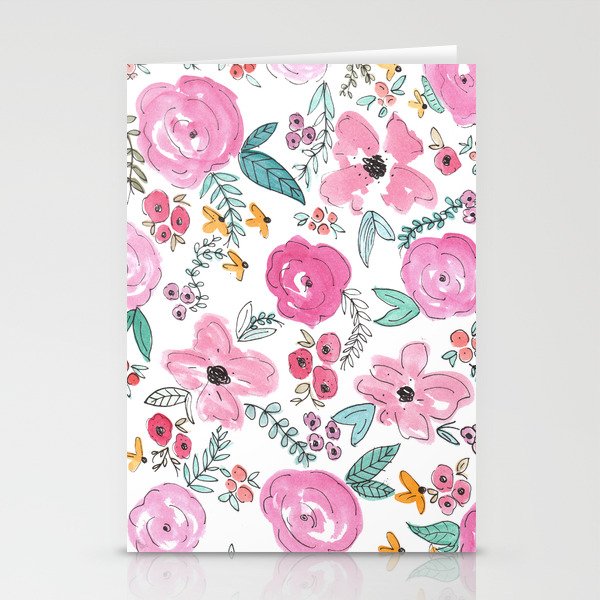 Pink Watercolor Floral Print  Stationery Cards