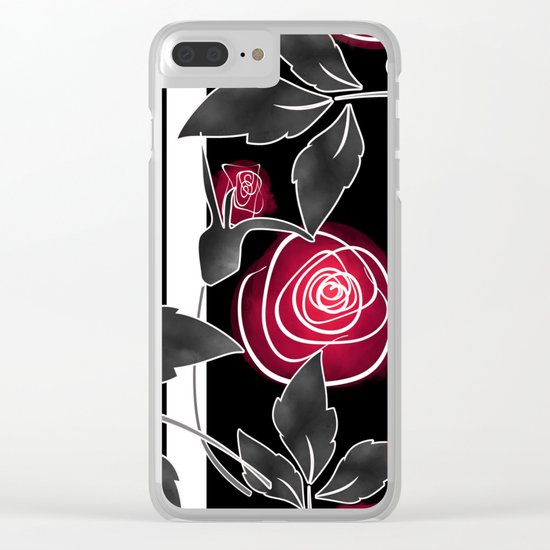 Red roses on black and white striped background. Clear iPhone Case