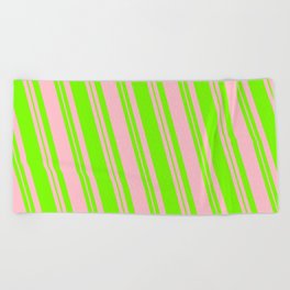[ Thumbnail: Pink & Green Colored Lined/Striped Pattern Beach Towel ]