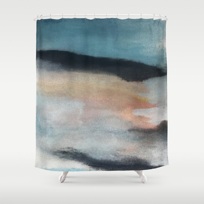 Dawn: a minimal abstract acrylic piece in pink, blues, yellow, and white Shower Curtain