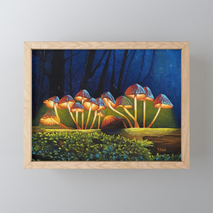 Oil painting night light glowing mushrooms Framed Mini Art Print