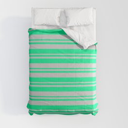 [ Thumbnail: Green and Light Gray Colored Lines/Stripes Pattern Comforter ]