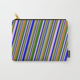 [ Thumbnail: Eyecatching Pink, Blue, Dark Sea Green, Chocolate, and Green Colored Pattern of Stripes Carry-All Pouch ]
