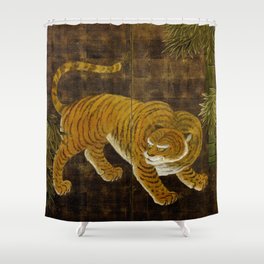 Japanese Tiger in Bamboo Grove Vintage Gold Leaf Screen Shower Curtain