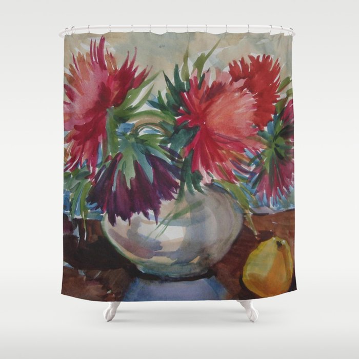Aster Bouquet Flowers Fruit Still Life Shower Curtain By Norroendyrd