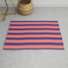 [ Thumbnail: Light Coral and Midnight Blue Colored Striped/Lined Pattern Rug ]