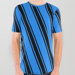 [ Thumbnail: Blue and Black Colored Striped/Lined Pattern All Over Graphic Tee ]
