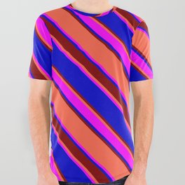 [ Thumbnail: Red, Fuchsia, Blue & Maroon Colored Stripes/Lines Pattern All Over Graphic Tee ]