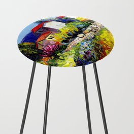 Mediterranean villa colorful tropical countryside garden and flowers flora and fauna landscape acrylic painting Counter Stool
