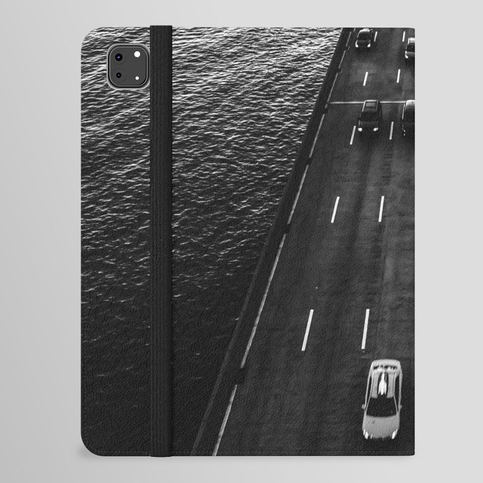Car traffic below Manhattan Bridge in New York City black and white iPad Folio Case