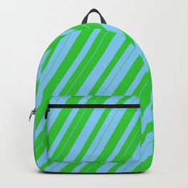 [ Thumbnail: Light Sky Blue & Lime Green Colored Lines Pattern Backpack ]