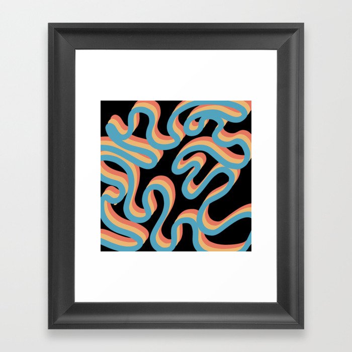 Enae - Orange and Blue Retro Ribbon Swirl Pattern on Black Framed Art Print