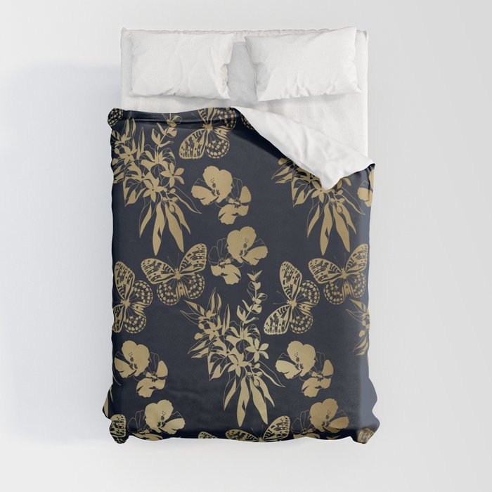 Exotic Floral and Butterfly Art Navy and Gold Duvet Cover